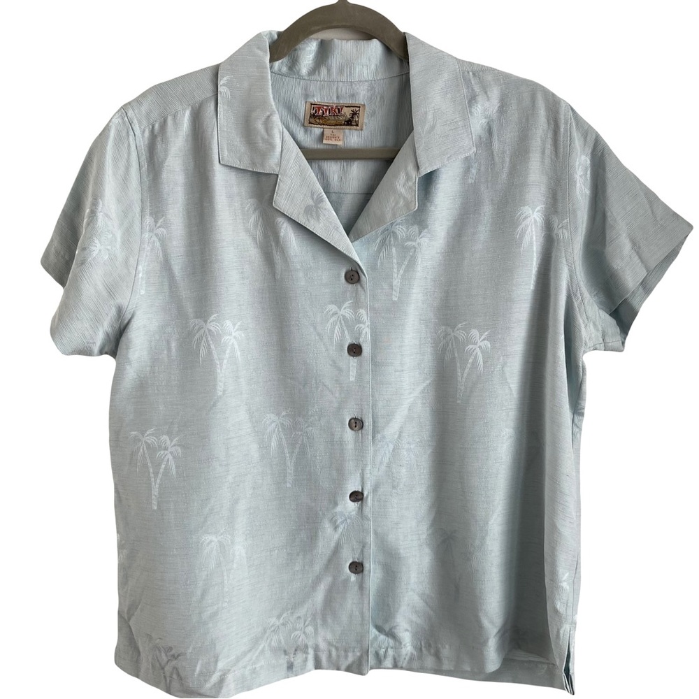 Tiki Classics Silk Palm Tree Tropical Hawaiian Polo Button Front‎ T-Shirt Large - Picture 2 of 5
